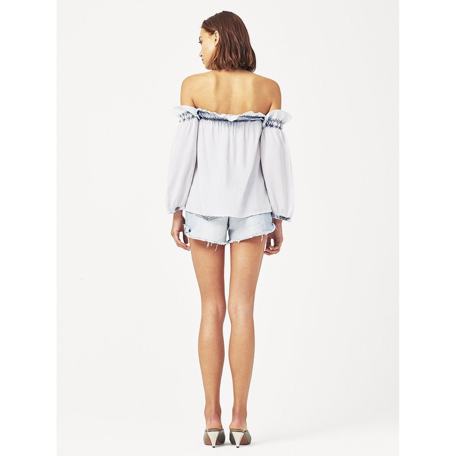 DL 1961 M Off-The-Shoulder Top shirt bleached ruffled tencel-Clothing, Shoes & Accessories:Women's Clothing:Tops-DL1961-Medium-Bleach-Jenifers Designer Closet