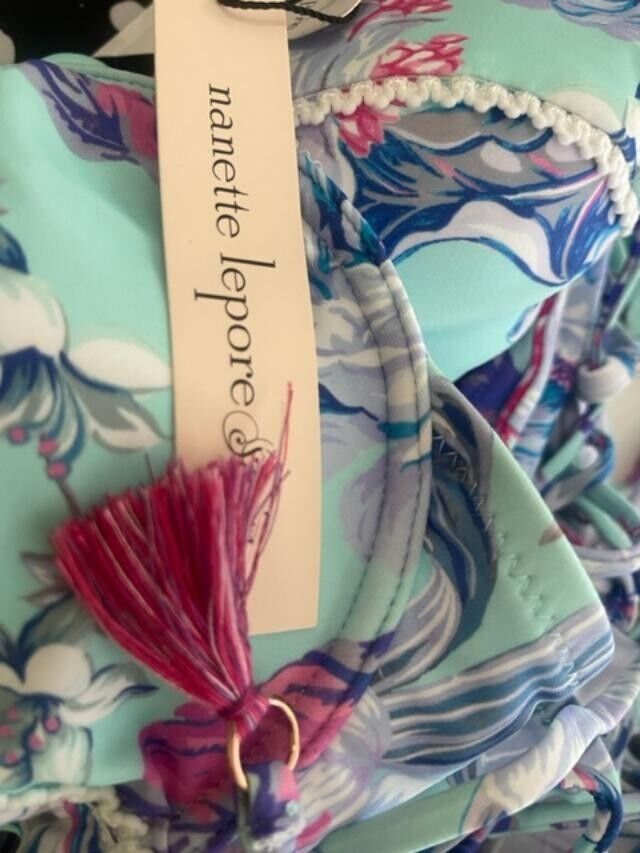 NANETTE LEPORE bikini swimsuit 8 tassels 2 piece aqua floral Dahlia