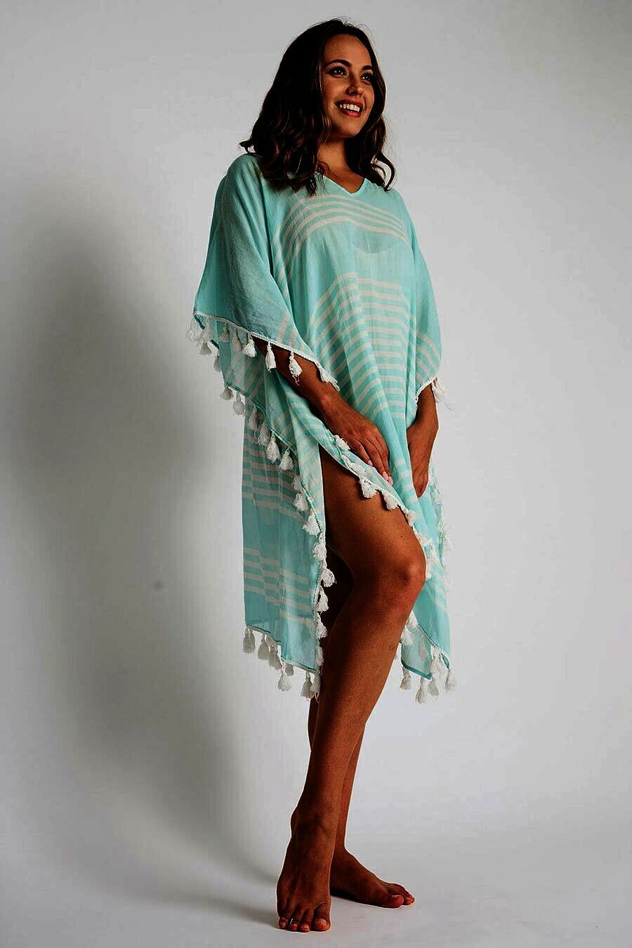 DEBBIE KATZ kaftan M tunic resort swimsuit cover-up dress cotton striped sea