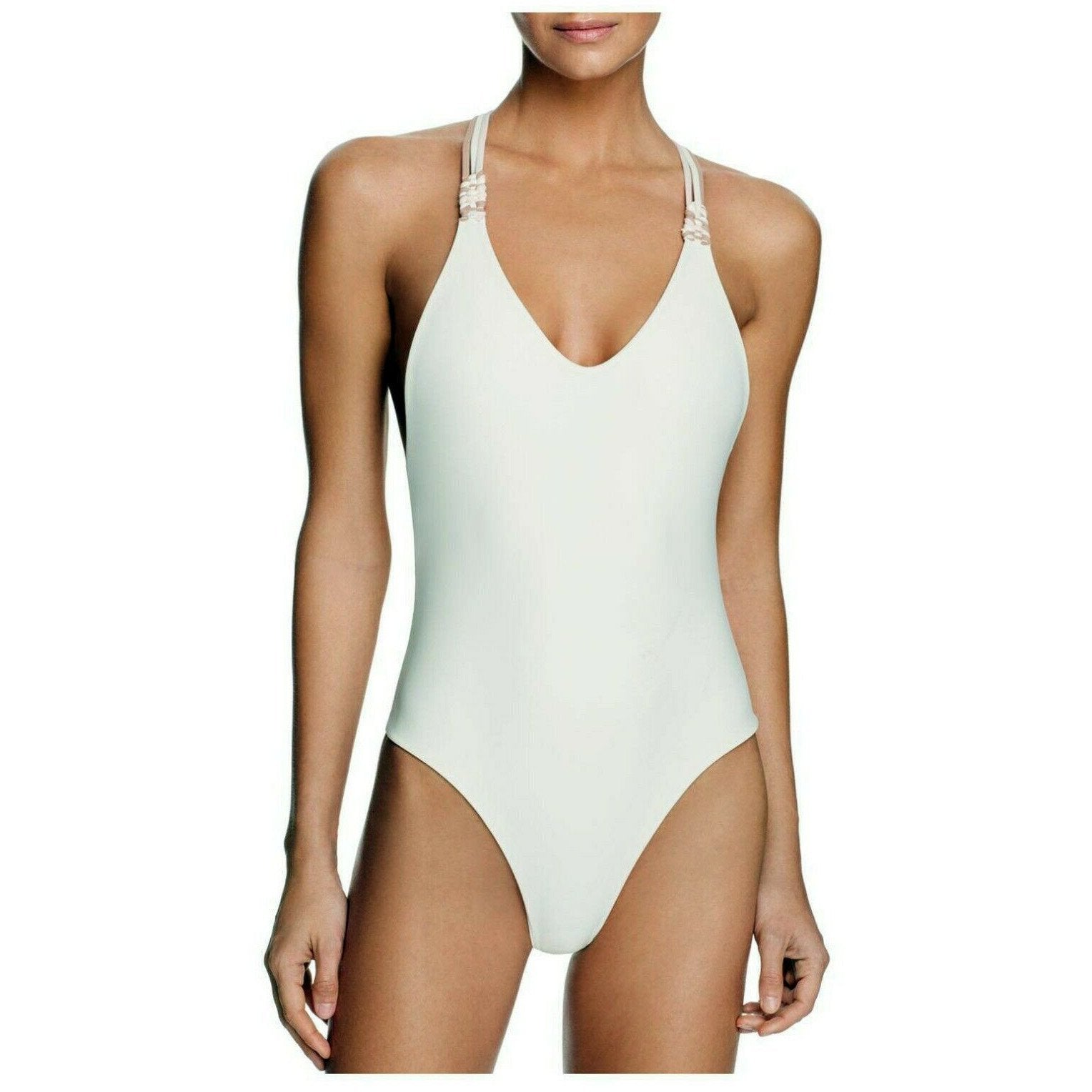 TULAROSA swimsuit L maillot 1-piece ivory strappy with blush pink and mocha-Clothing, Shoes & Accessories:Women's Clothing:Swimwear-Tularosa-large-Ivory-Jenifers Designer Closet