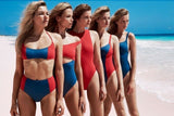 SOLID & STRIPED swim team L swimsuit one-piece red blue cutout monokini