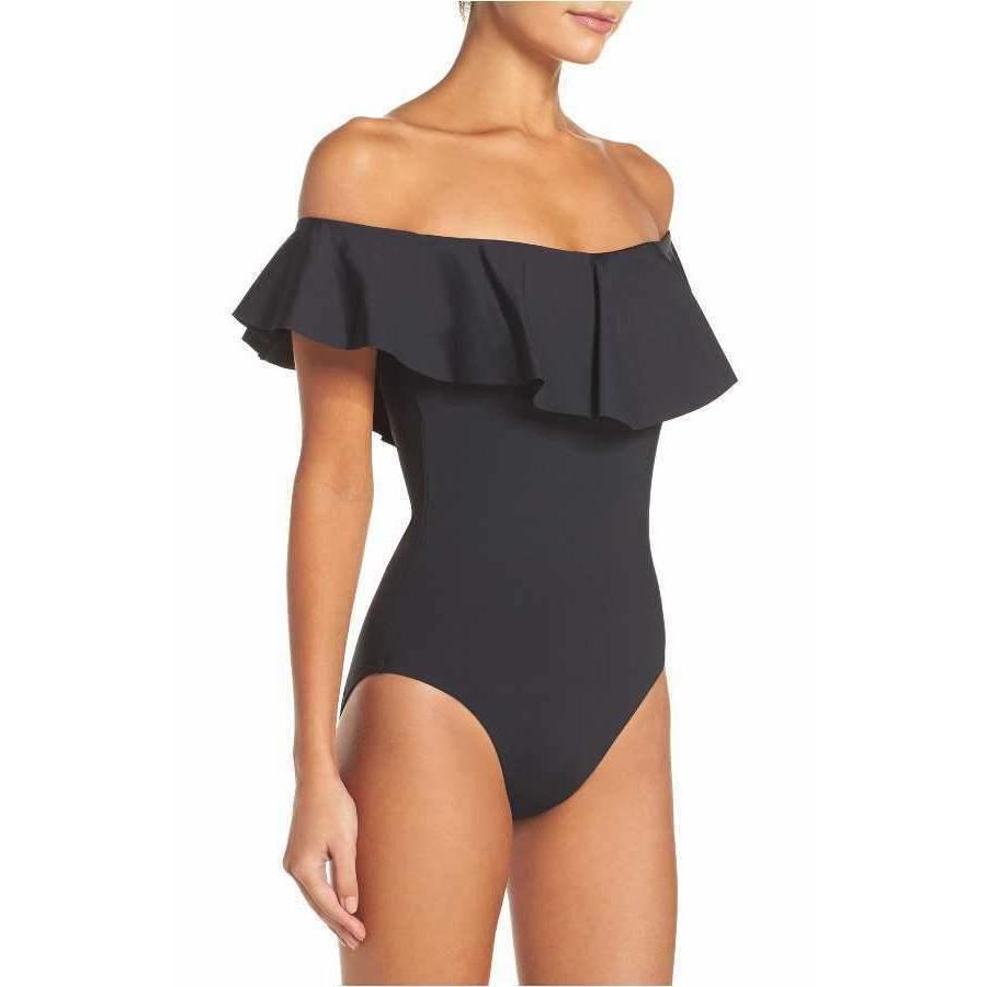 TRINA TURK 6 off-shoulder One Piece swimsuit black flutter sleeve designer-Clothing, Shoes & Accessories:Women's Clothing:Swimwear-Trina Turk-6-Black-Jenifers Designer Closet