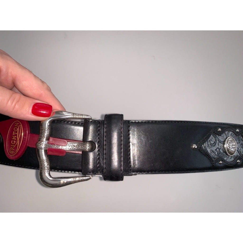 BRIGHTON M/L 32 wide black leather belt w/ lots of silver Burn Out wes –  Jenifers Designer Closet