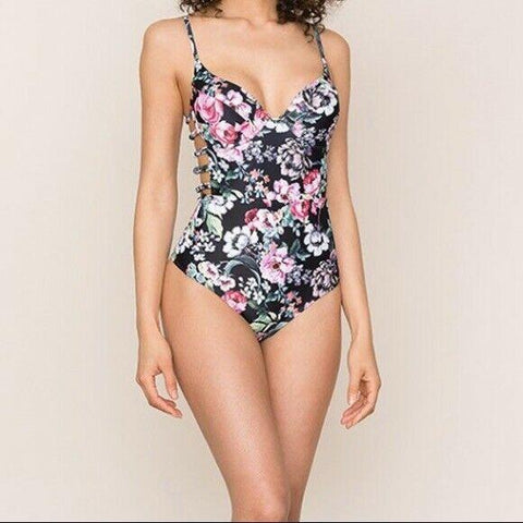YUMI KIM L XL siren floral swimsuit formed molded cups strappy sides black-Clothing, Shoes & Accessories:Women's Clothing:Swimwear-Yumi Kim-L/XL-Black floral-Jenifers Designer Closet