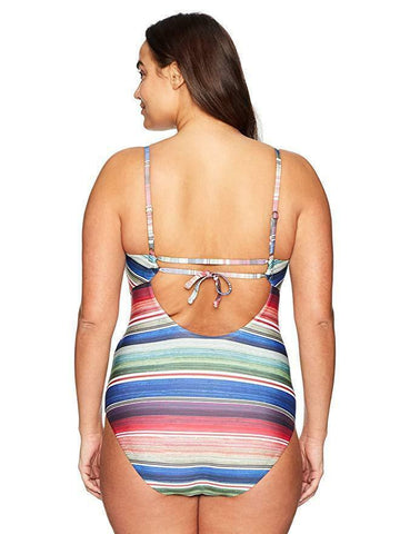 BECCA 1X (16-18) plus size striped plunging Swimsuit ladder front