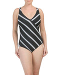 GOTTEX swimsuit tummy control black white slimming one-piece surplice - Jenifers Designer Closet