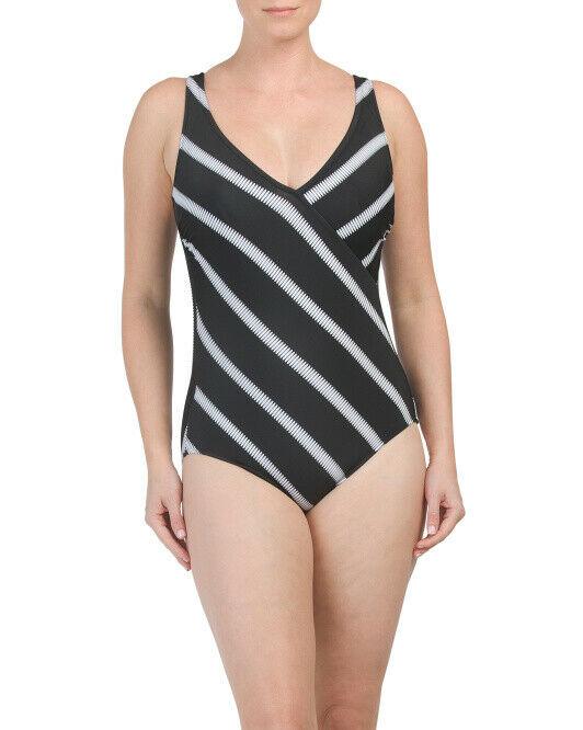 GOTTEX swimsuit tummy control black white slimming one-piece surplice - Jenifers Designer Closet