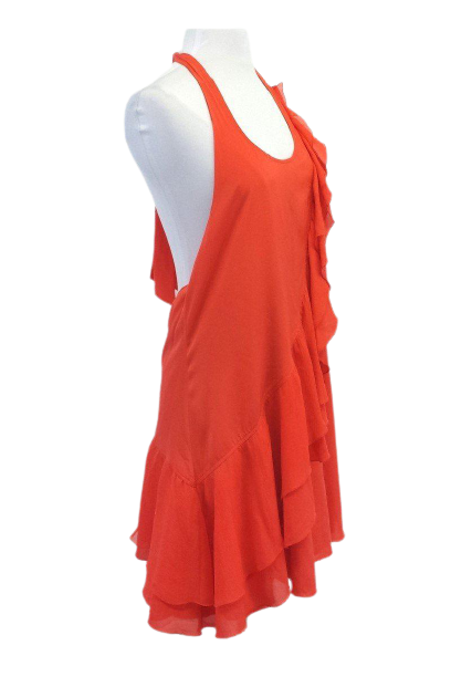 ALICE + OLIVIA Large orange backless halter dress ruffled SILK designer