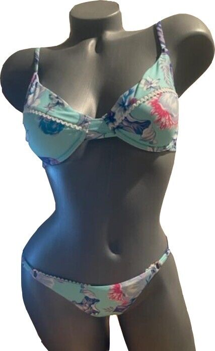 NANETTE LEPORE bikini swimsuit 8 tassels 2 piece aqua floral Dahlia