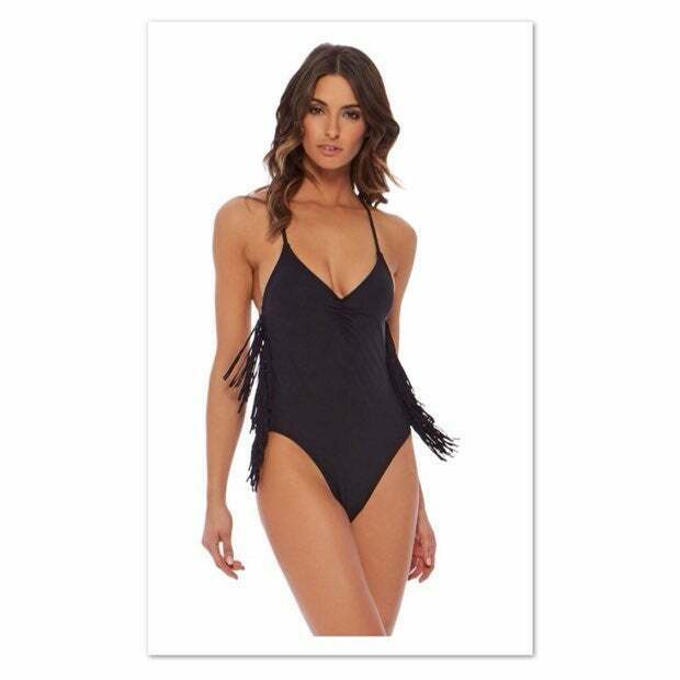 L*SPACE By Monica Wise 6 Small fringed maillot one piece swimsuit $180-Clothing, Shoes & Accessories:Women's Clothing:Swimwear-L*Space-6-Black-Jenifers Designer Closet