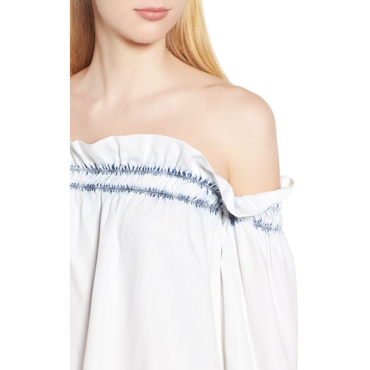 DL 1961 M Off-The-Shoulder Top shirt bleached ruffled tencel-Clothing, Shoes & Accessories:Women's Clothing:Tops-DL1961-Medium-Bleach-Jenifers Designer Closet