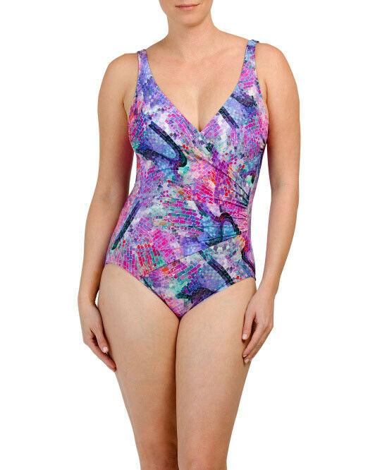 GOTTEX V-neck one-piece swimsuit stained glass wrap draped tummy control - Jenifers Designer Closet