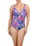 GOTTEX V-neck one-piece swimsuit stained glass wrap draped tummy control - Jenifers Designer Closet