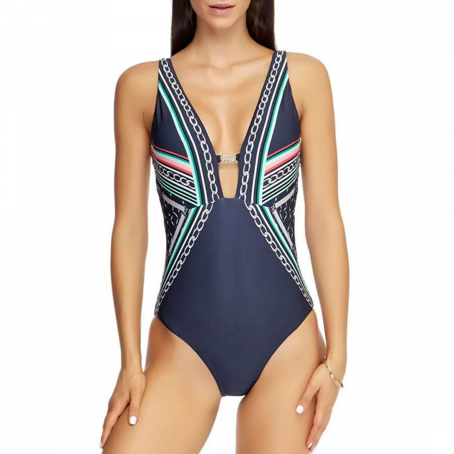 JETS Jessika Allen 10 plunge swimsuit 1-piece silver chain riviera