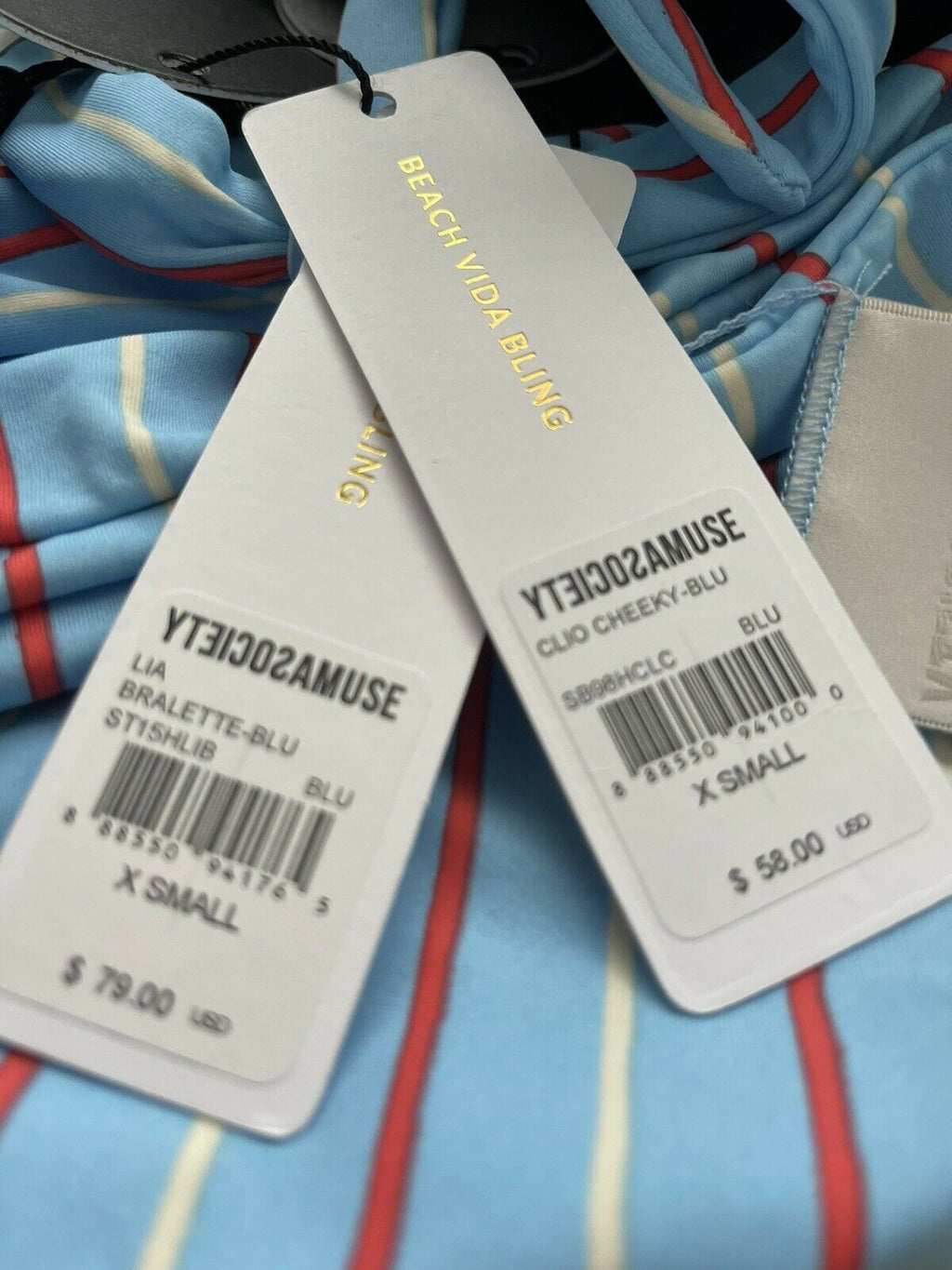 AMUSE SOCIETY Anthropologie bikini swimsuit striped cheeky baby blue