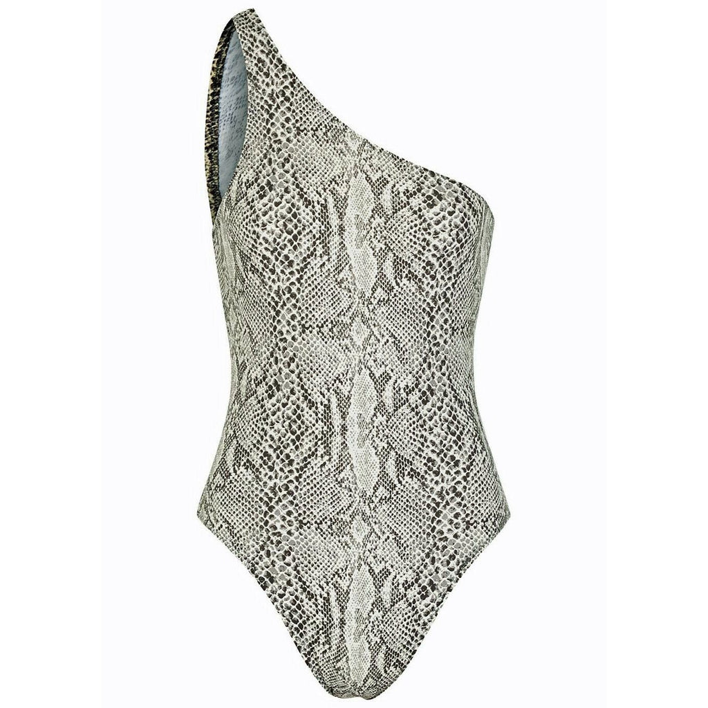 NORMA KAMALI XS 1 piece swimsuit one-shoulder snake python hot off-shoulder-Clothing, Shoes & Accessories:Women's Clothing:Swimwear-Norma Kamali-XS-cream/charcoal-Jenifers Designer Closet