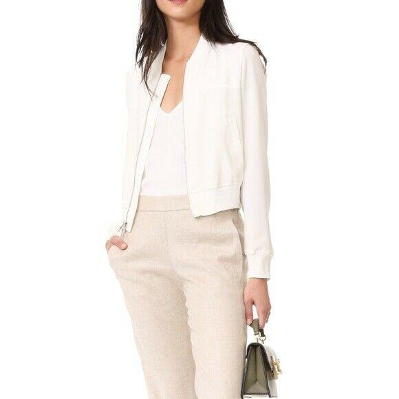 THEORY ladies 12 Rice Ivory Classic Zip Crepe Clean Bomber Jacket - Jenifers Designer Closet