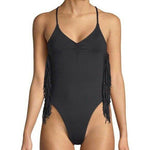 L*SPACE By Monica Wise 6 Small fringed maillot one piece swimsuit $180-Clothing, Shoes & Accessories:Women's Clothing:Swimwear-L*Space-6-Black-Jenifers Designer Closet