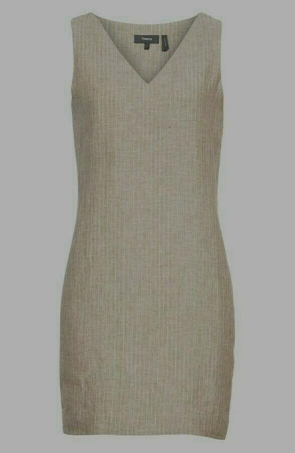 THEORY 6 mini dress jumper sleeveless striped linen v-neck shift year round - Jenifers Designer Closet