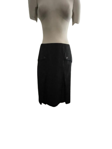 CHANEL 44 10 12 wool skirt imprinted buttons career pleats France black