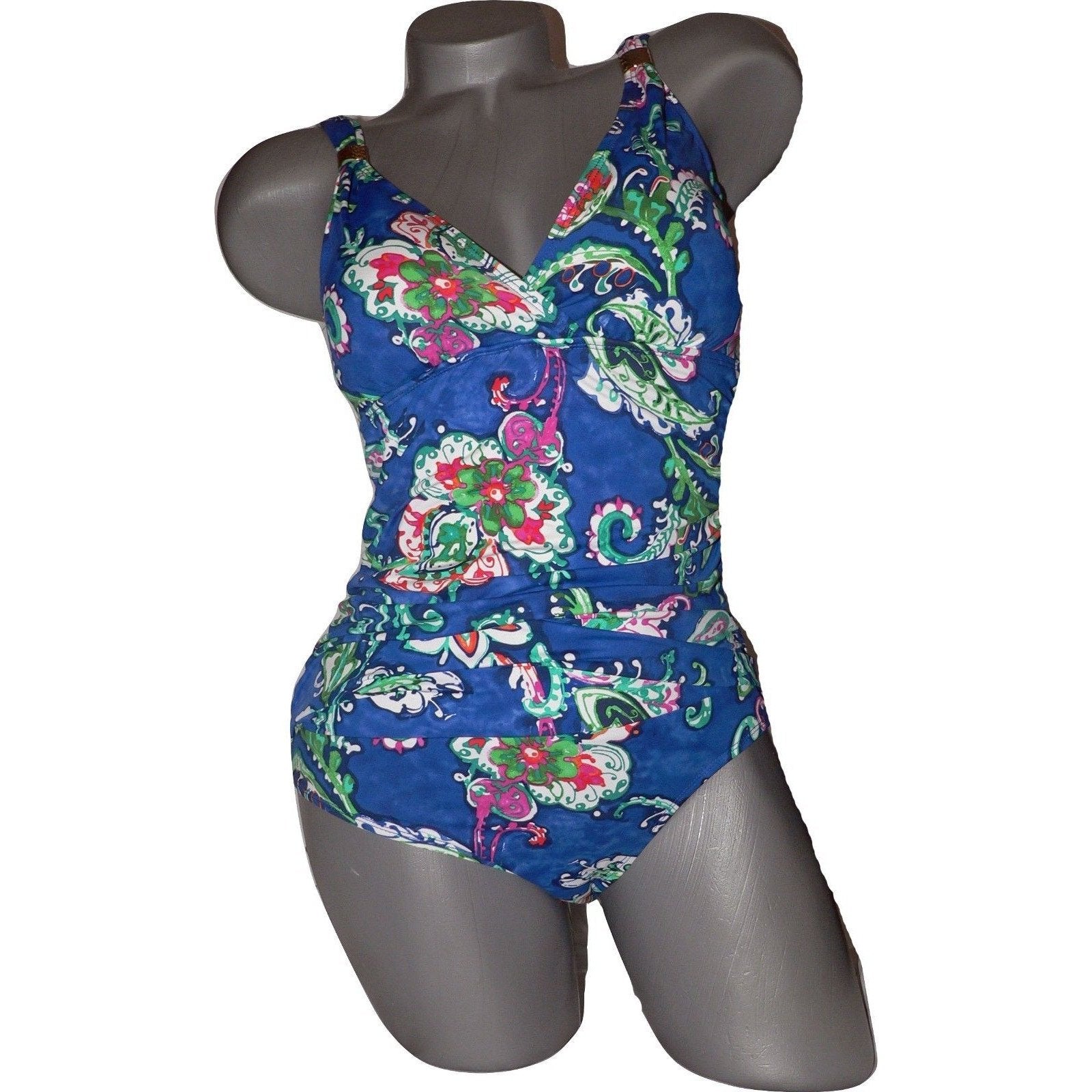 RALPH LAUREN cobalt blue swimsuit 1 piece ruched draped paisley-Swimwear-Ralph Lauren-Jenifers Designer Closet