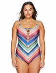 BECCA 1X (16-18) plus size striped plunging Swimsuit ladder front 1 piece