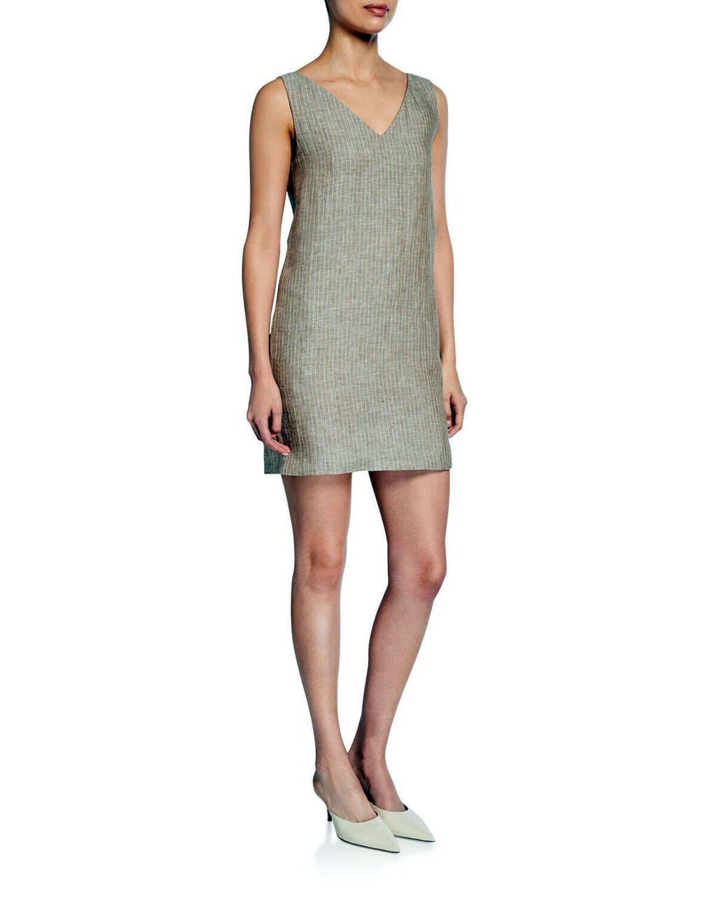 THEORY 6 mini dress jumper sleeveless striped linen v-neck shift year round - Jenifers Designer Closet