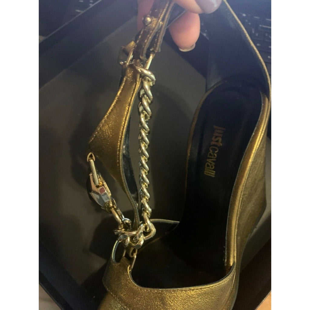 JUST CAVALLI 37 7 heels platforms sandals shoes metallic bronze chain $450-Clothing, Shoes & Accessories:Women's Shoes:Heels-Just Cavalli-37/7-Bronze-Jenifers Designer Closet
