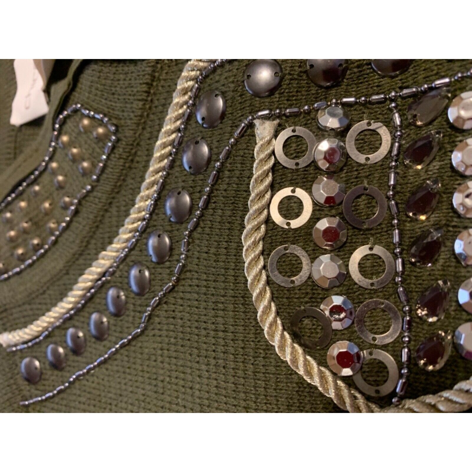 CHICOS 2 (12) military embellished sweater jacket cardigan olive $139 studs-Clothing, Shoes & Accessories:Women's Clothing:Sweaters-Chico's-2-Army green-Jenifers Designer Closet