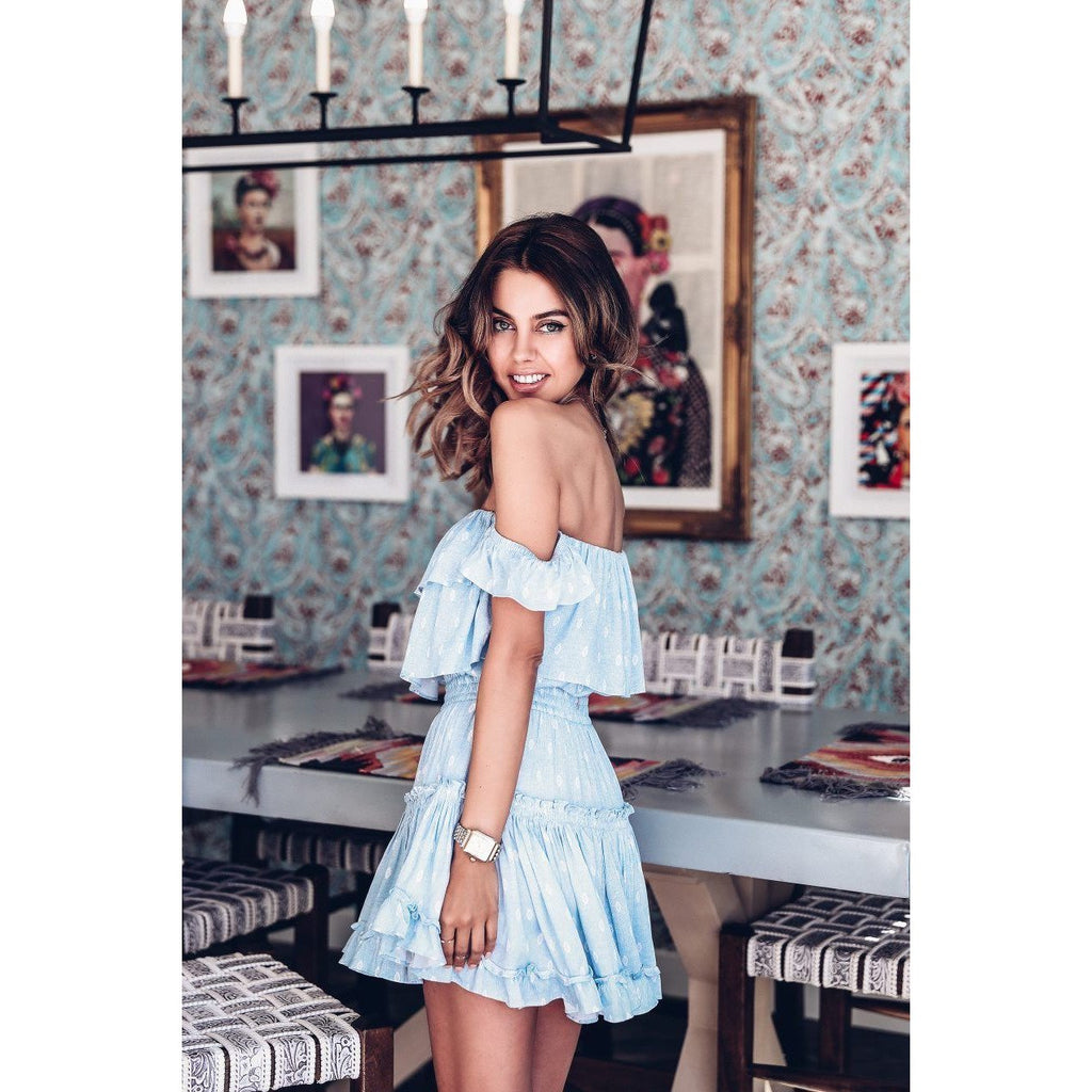 MISA Los Angeles Kaia off shoulder crop top shirt ruffled tiered blue-Clothing, Shoes & Accessories:Women's Clothing:Tops-Misa-Jenifers Designer Closet