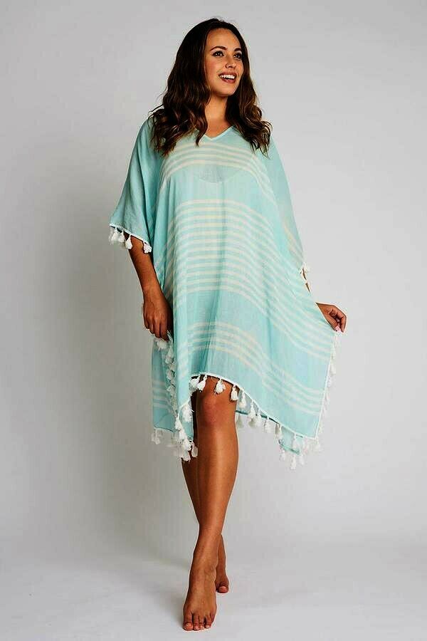 DEBBIE KATZ kaftan M tunic resort swimsuit cover-up dress cotton striped sea