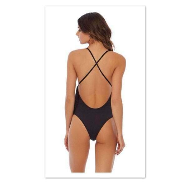 L*SPACE By Monica Wise 6 Small fringed maillot one piece swimsuit $180-Clothing, Shoes & Accessories:Women's Clothing:Swimwear-L*Space-6-Black-Jenifers Designer Closet