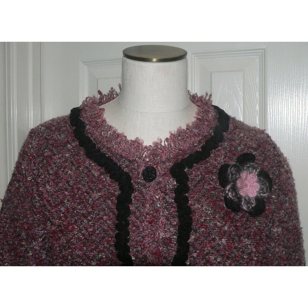 CURIO L Anthropologie Boucle sweater jacket Rosette brooch pin cardigan-Clothing, Shoes & Accessories:Women's Clothing:Sweaters-CURIO-Large-Mauve/Black-Jenifers Designer Closet