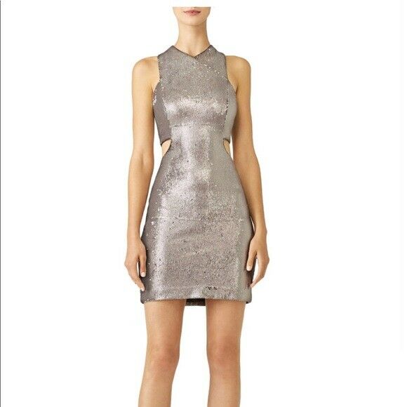 HALSTON cocktail 8 formal party dress Silver Sequins cutout short metallic - Jenifers Designer Closet
