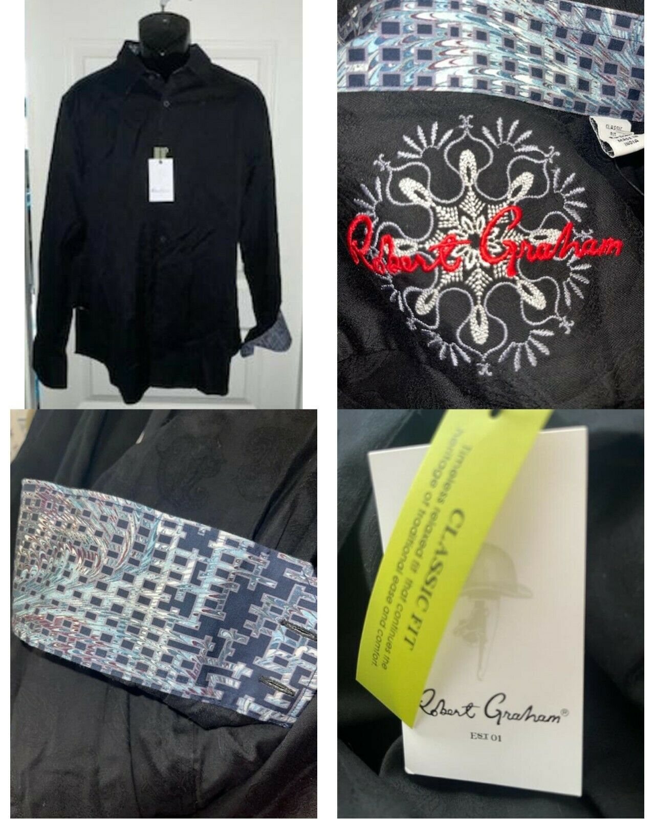 ROBERT GRAHAM Men's XL black paisley shirt contrast cuffs classic fit