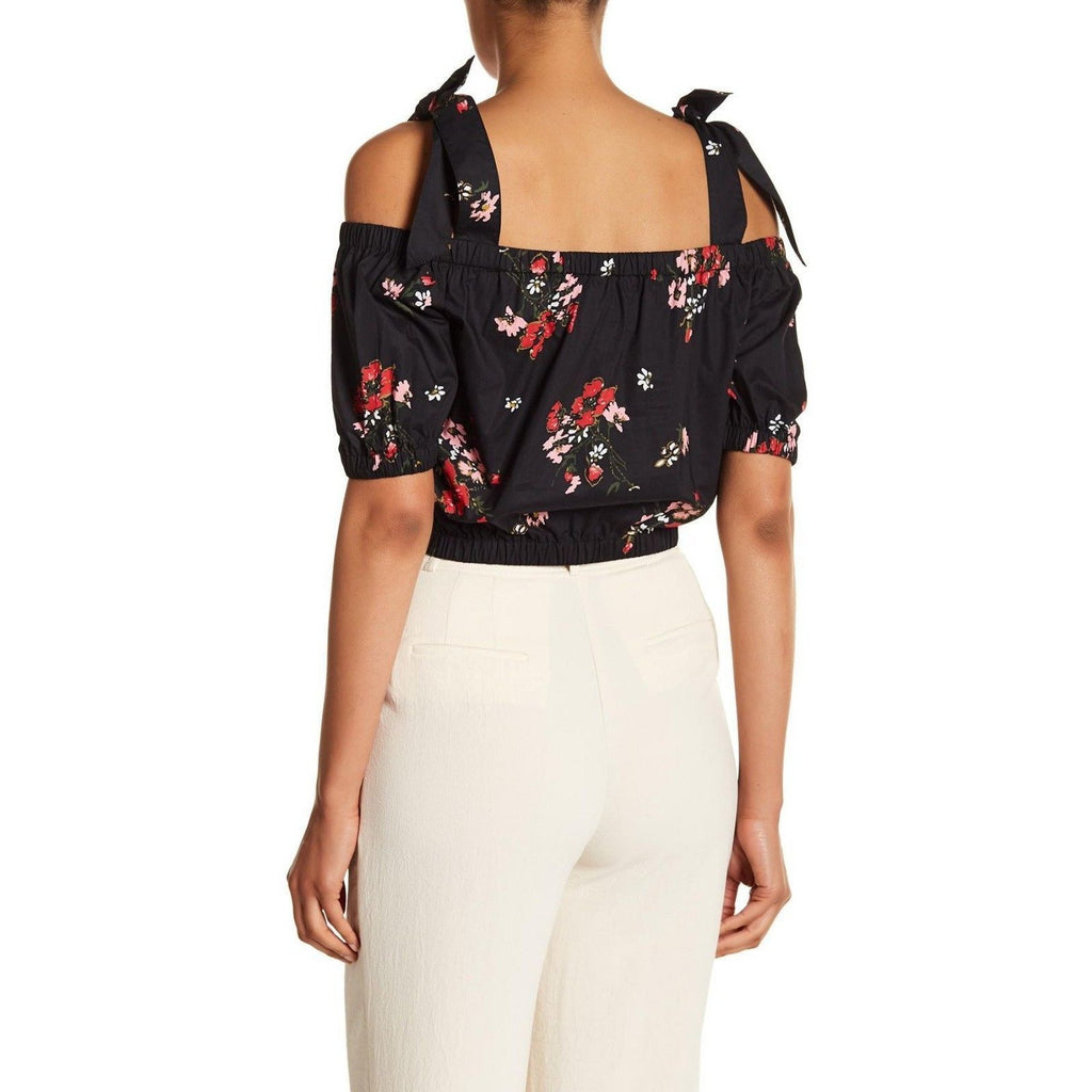REBECCA TAYLOR 4 Marguerite black floral cold-shoulder crop top midi $250-Clothing, Shoes & Accessories:Women's Clothing:Tops-Rebecca Taylor-4-Black floral-Jenifers Designer Closet