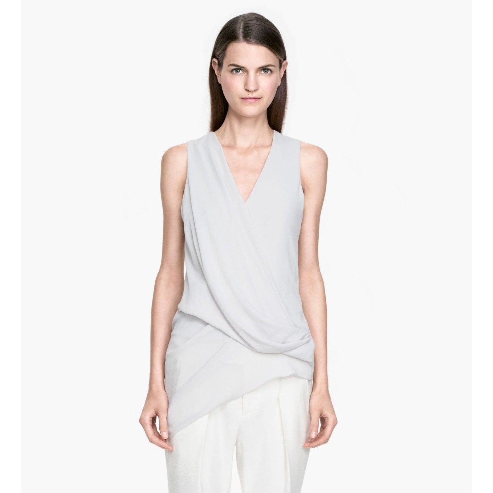 HELMUT LANG LG white lined sheer sleeveless overlap asymmetric hem top shirt-Clothing, Shoes & Accessories:Women's Clothing:Tops-HELMUT LANG-Large-White-Jenifers Designer Closet
