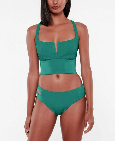SANCTUARY SWIM L swimsuit 2 piece high waisted bikini green v-wired t-back