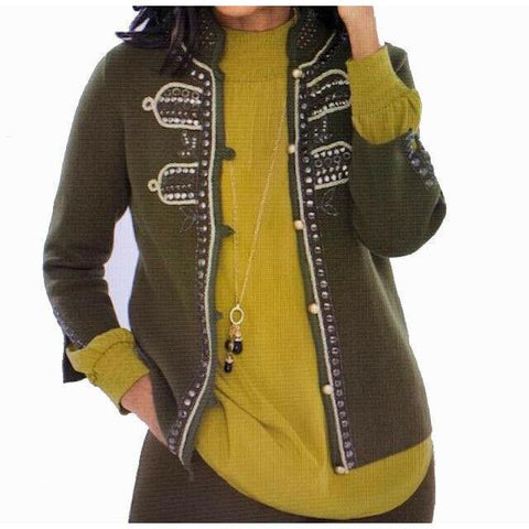 CHICOS 2 (12) military embellished sweater jacket cardigan olive $139 studs-Clothing, Shoes & Accessories:Women's Clothing:Sweaters-Chico's-2-Army green-Jenifers Designer Closet