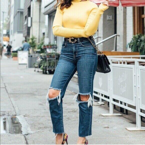 L'AGENCE Audrina 24 high-rise cropped jeans frayed distressed knees straight-Clothing, Shoes & Accessories:Women:Women's Clothing:Jeans-L'AGENCE-Jenifers Designer Closet