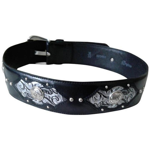 BRIGHTON M/L 32 wide black leather belt w/ lots of silver Burn Out