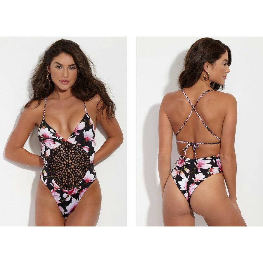 FRANKIES BIKINIS poppy M cheeky one-piece black lotus crochet swimsuit - Jenifers Designer Closet