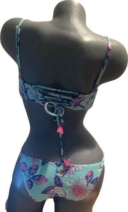 NANETTE LEPORE bikini swimsuit 8 tassels 2 piece aqua floral Dahlia