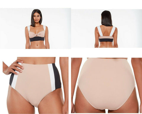 SANCTUARY swimsuit bikini color block 2 piece high-waisted black tan