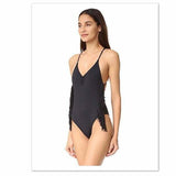 L*SPACE By Monica Wise 6 Small fringed maillot one piece swimsuit $180-Clothing, Shoes & Accessories:Women's Clothing:Swimwear-L*Space-6-Black-Jenifers Designer Closet