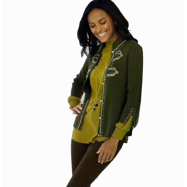 CHICOS 2 (12) military embellished sweater jacket cardigan olive $139 studs-Clothing, Shoes & Accessories:Women's Clothing:Sweaters-Chico's-2-Army green-Jenifers Designer Closet