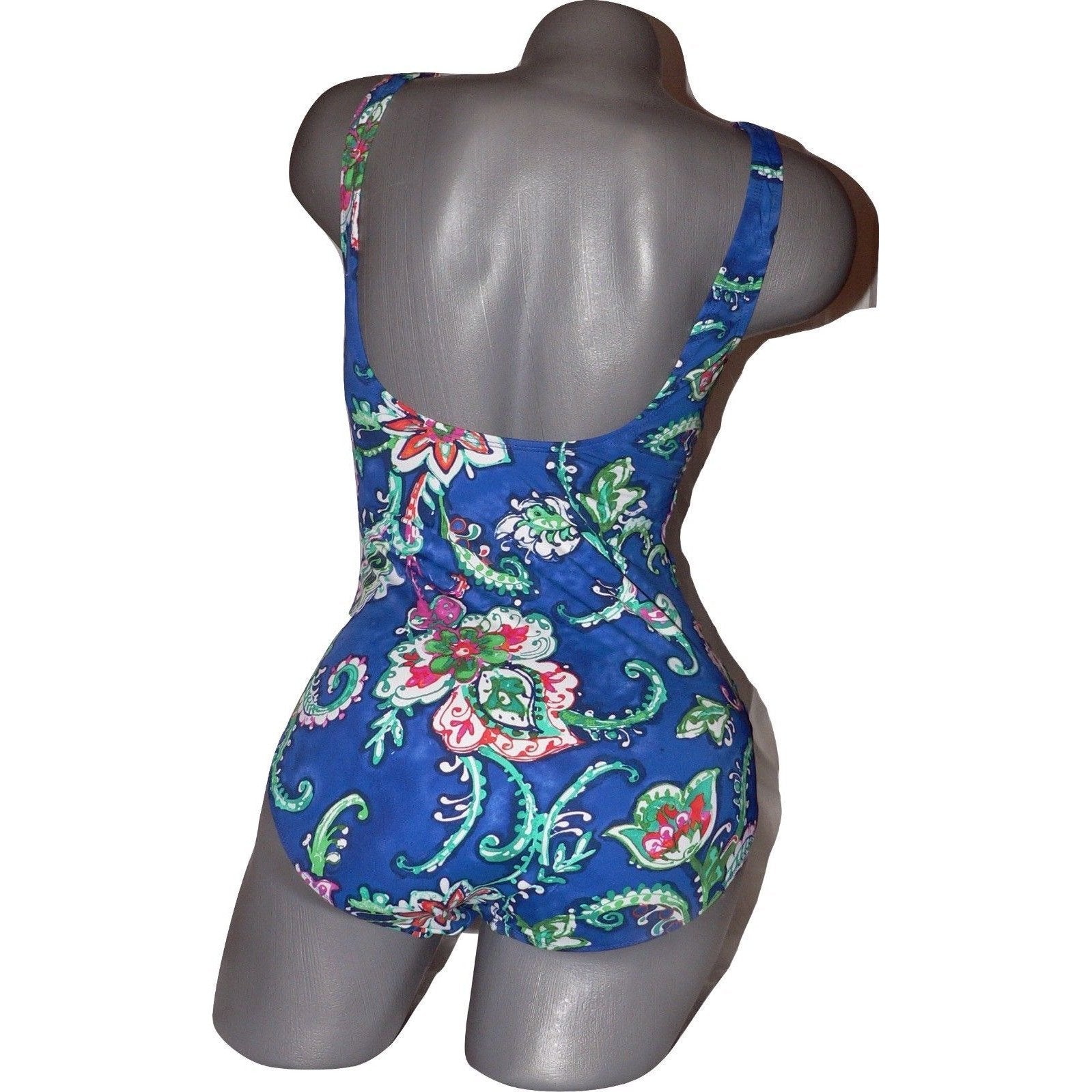 RALPH LAUREN cobalt blue swimsuit 1 piece ruched draped paisley-Swimwear-Ralph Lauren-Jenifers Designer Closet