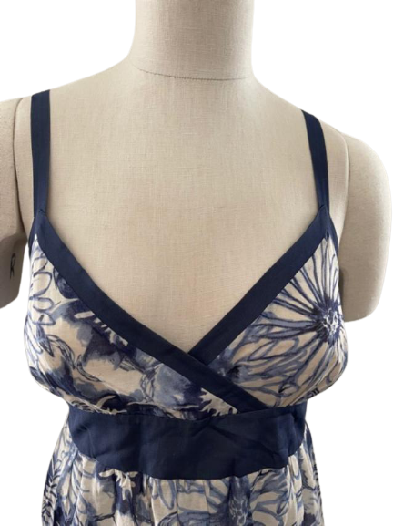 VINCE 6 blue silk cotton sundress empire dress navy designer floral lined