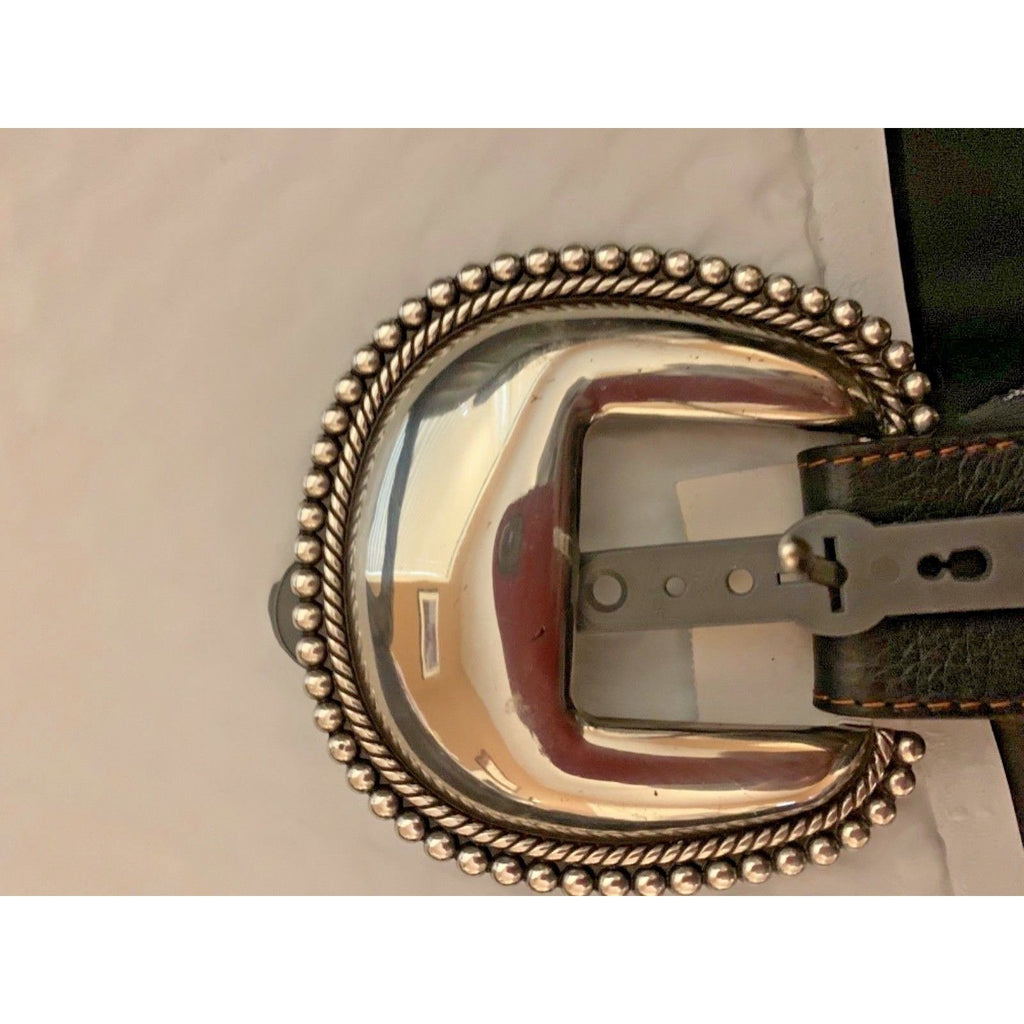 JUSTIN 30 unisex wide black/brown leather belt silver buckle western cowboy-Clothing, Shoes & Accessories:Women's Accessories:Belts-Justin Boots-30-Black/Brown-Jenifers Designer Closet