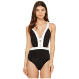 JETS by Jessika Allen 10 $205 swimsuit black white plunging one-piece sexy-Clothing, Shoes & Accessories:Women's Clothing:Swimwear-Jets by Jessika Allen-10-Black/White-Jenifers Designer Closet